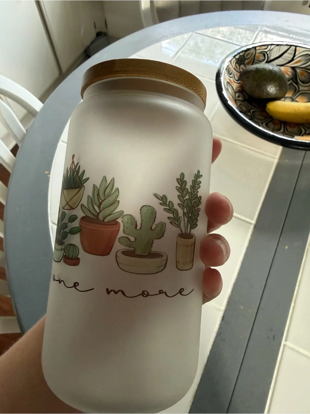 Frosted Glass Plant-Print drinking glass  with Bamboo Lid